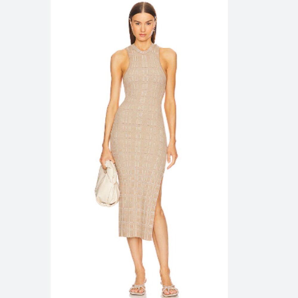 L'Academie by Marianna Halia Sleeveless Midi Knit Dress With Slit in Beige M